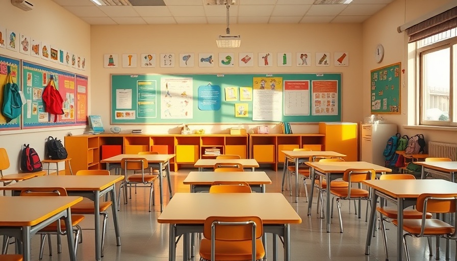 Colorful Texas classroom with backpacks and educational posters, public school.