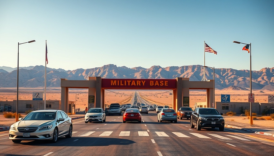 Entrance of Fort Bliss military base with cars and mountain backdrop.