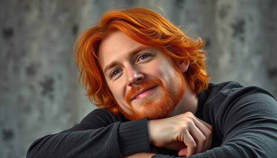 Red-haired man with tattoos relaxing, showcasing personality, inside.
