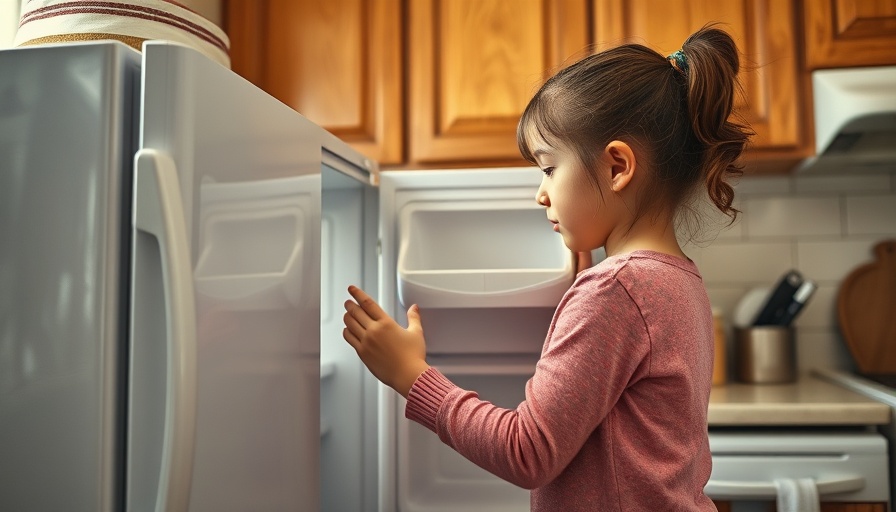 Young girl looking inside a freezer in kitchen setting.