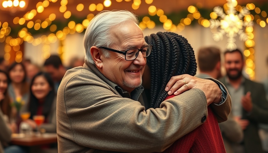 Elderly man embracing young woman at festive gathering.