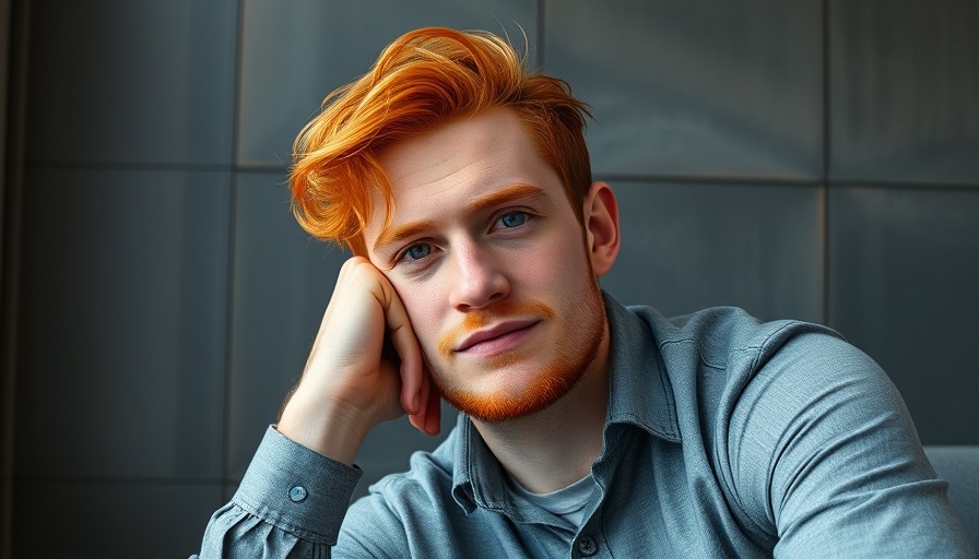 Man with vibrant red hair sitting casually indoors