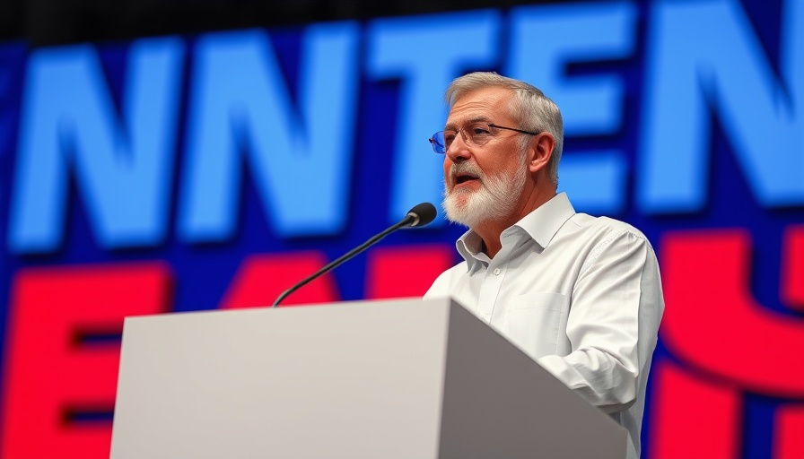 Middle-aged man delivering a presentation with colorful backdrop.