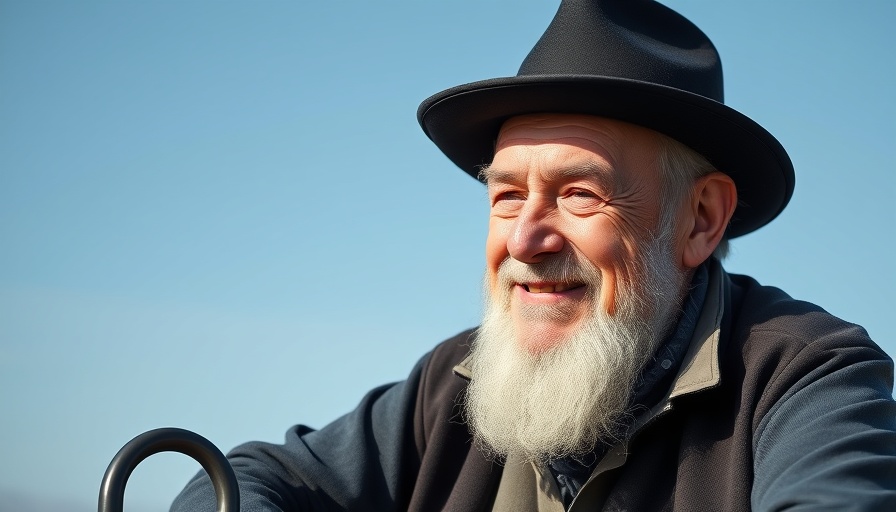 Elderly man gently smiling against blue sky, small acts of kindness theme.