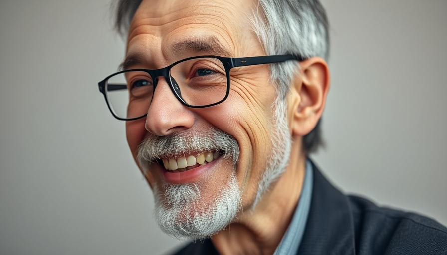 Smiling older man with glasses achieving big goals, close-up.