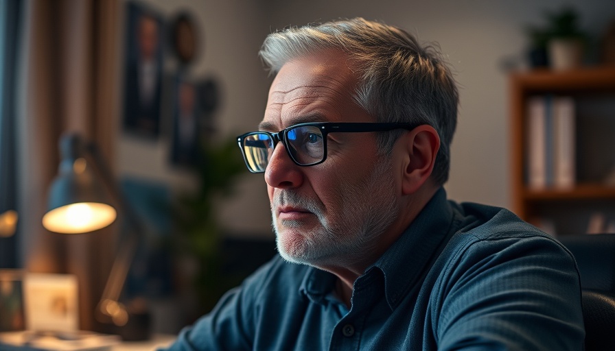 Reflective middle-aged man with glasses in dimly lit home office.