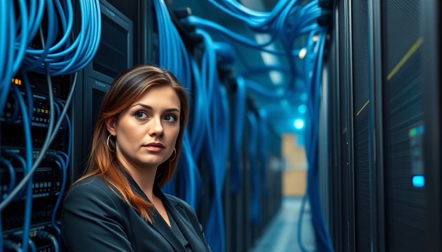 Professional woman inspects data center amid Maryland 3 percent tech tax.