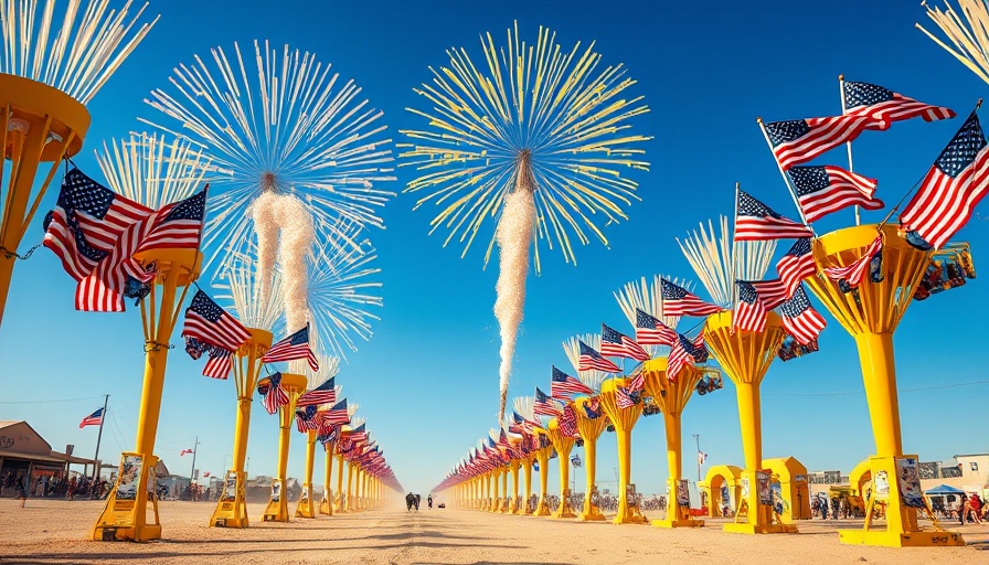Yellow fireworks stands with American flags under blue sky, Celebrate the Fourth of July responsibly.