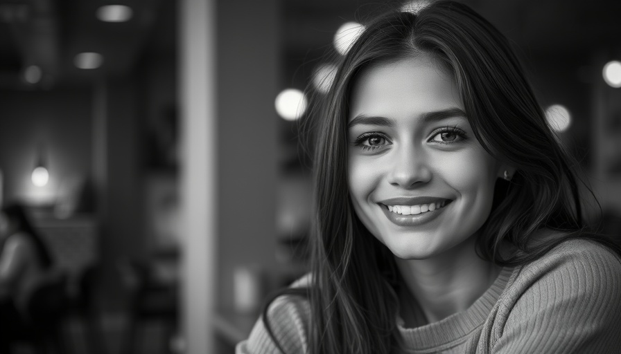 Portrait of a smiling young woman in black and white, representing ethics in leadership.