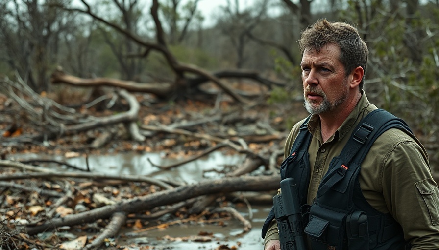 Tactical officer surveys Texas Hill Country flood aftermath.