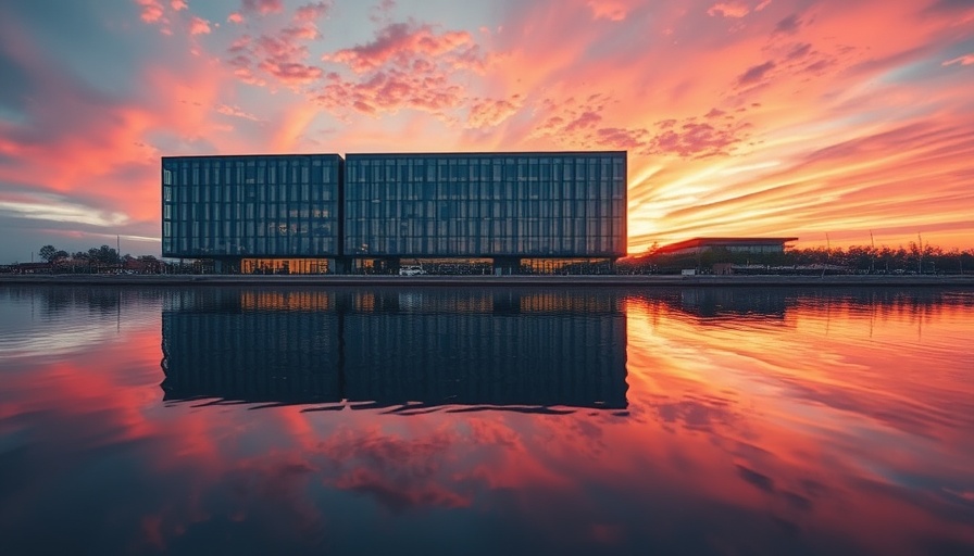 Modern building reflecting on water at Texas sunset, highlighting censorship in Texas art.