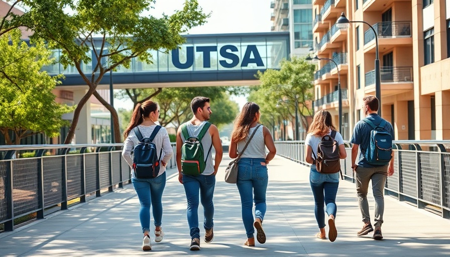Students walk on a sunny San Antonio campus, UTSA banner visible.