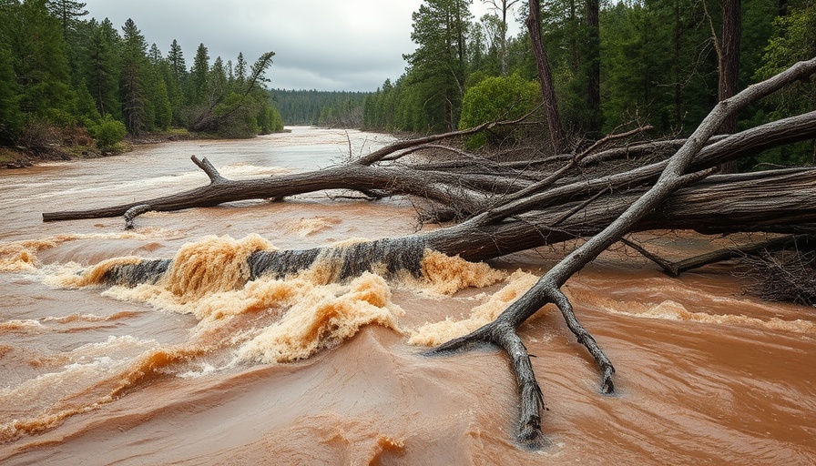 Flooded Texas river landscape with fallen trees and rushing water.