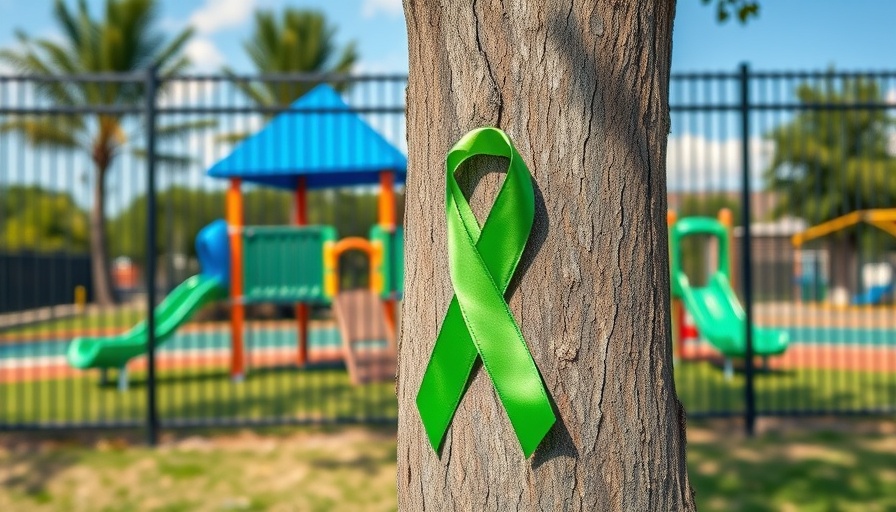 Tree with green ribbon in San Antonio park symbolizing community support.