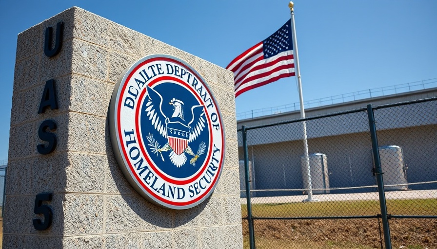 Homeland Security sign at immigration detention facility, blue sky.
