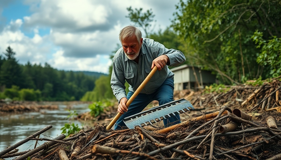 Texas Hill Country flood recovery effort with man clearing debris.
