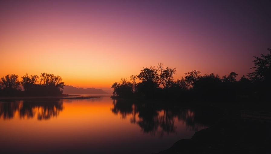 Serene twilight river scene with silhouetted trees in Texas.