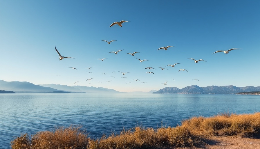 Ascarate Lake maintenance with flying birds over water and mountains.