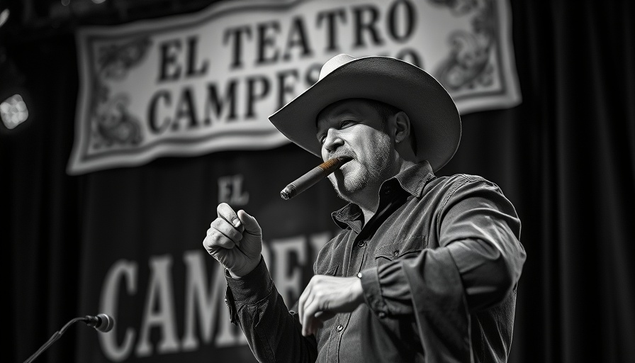 Luis Valdez speaking on Chicano culture at El Teatro Campesino, black and white