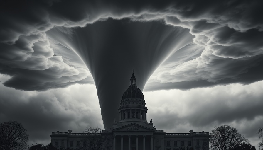 Historic capitol silhouette with tornado funnel in Texas News.