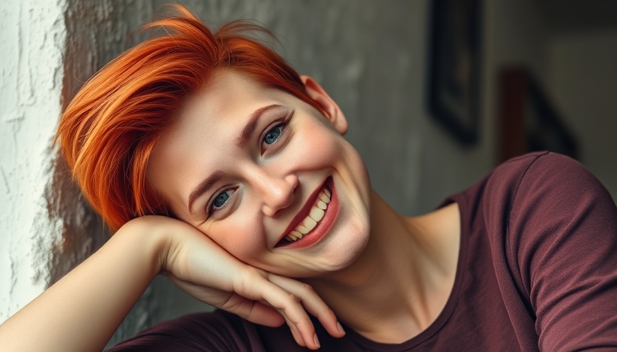 Brightly smiling individual with red hair relaxing indoors.