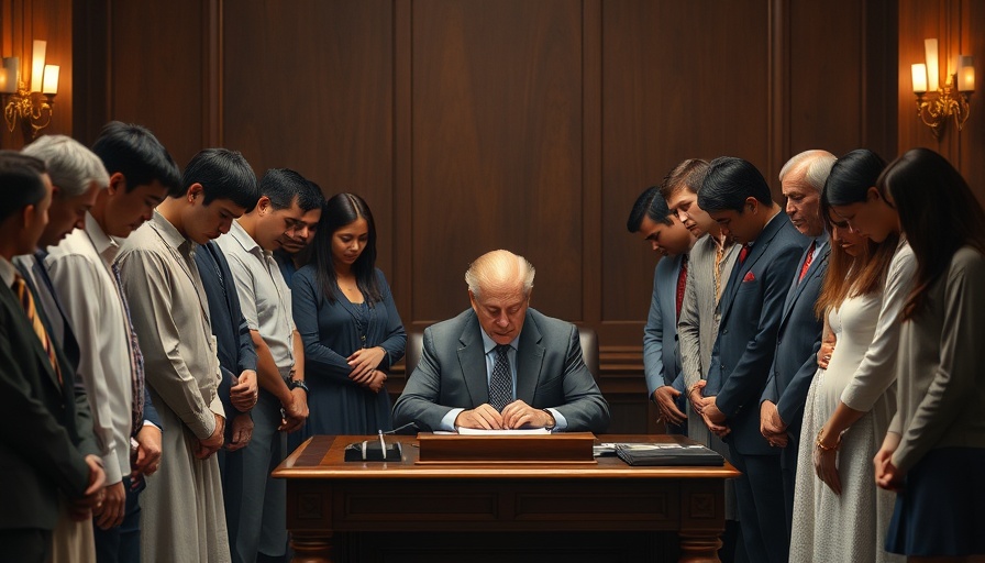 Group of individuals in solemn unity at formal setting for Texas News.