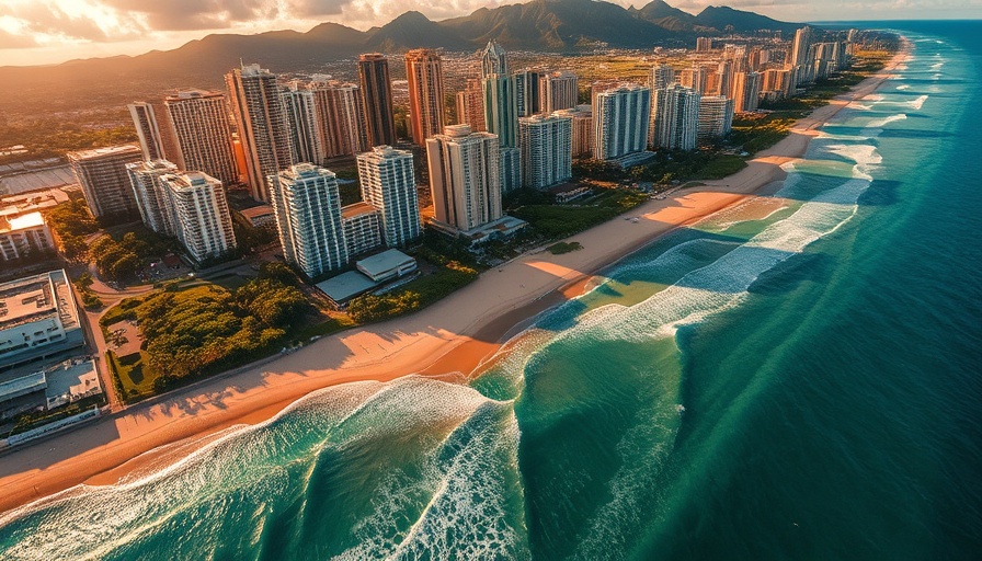 Aerial view of Waikiki Beach at sunset, best place to work in Hawaii.