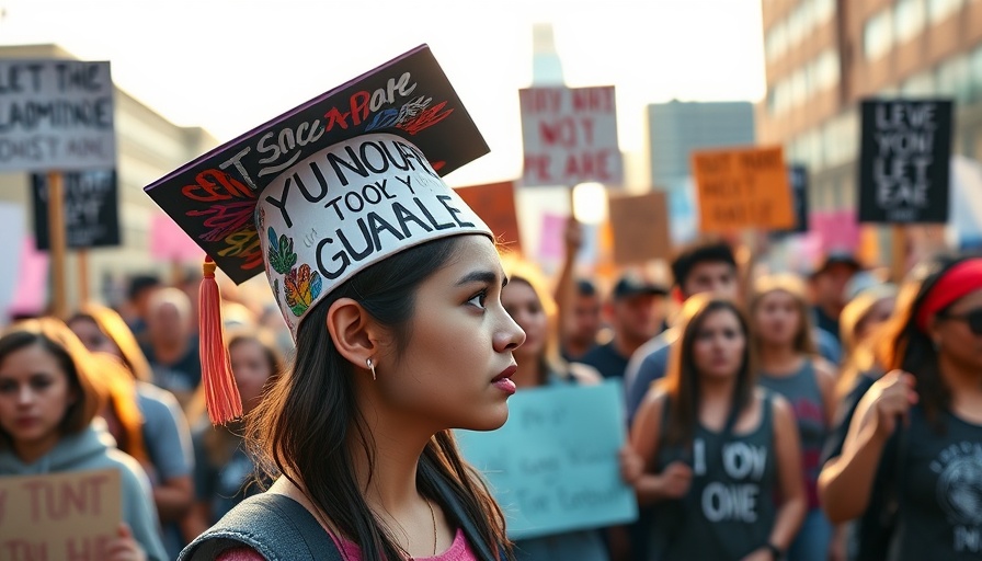 Protest scene with custom graduation cap, Texas colleges undocumented students tuition context.