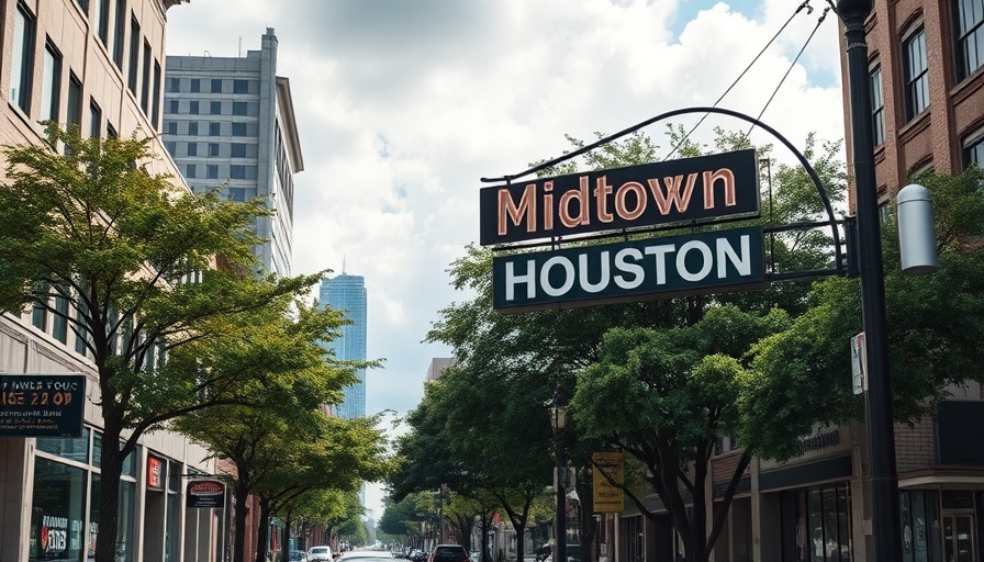 Midtown Houston decline shown with urban streets and sign.
