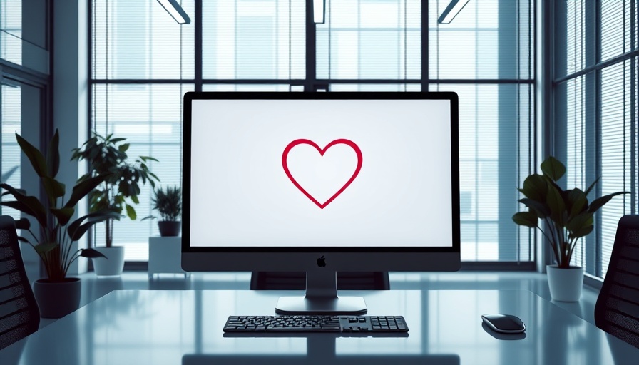 Corporate office computer with heart-themed screen, contrasting serious work environment.