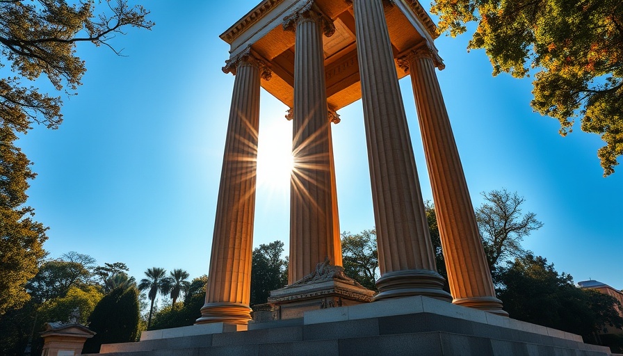 Monument with tall pillars and trees at remembrance site.