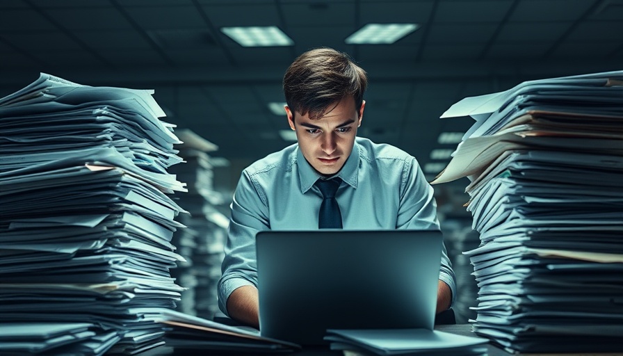 Stressed professional experiencing 996 work culture in a dim office.