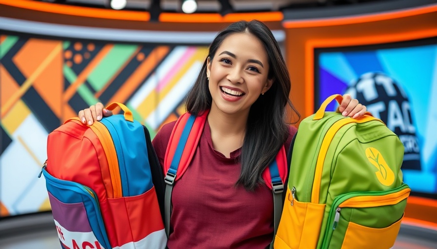 Houston back-to-school backpacks displayed by woman on TV set.