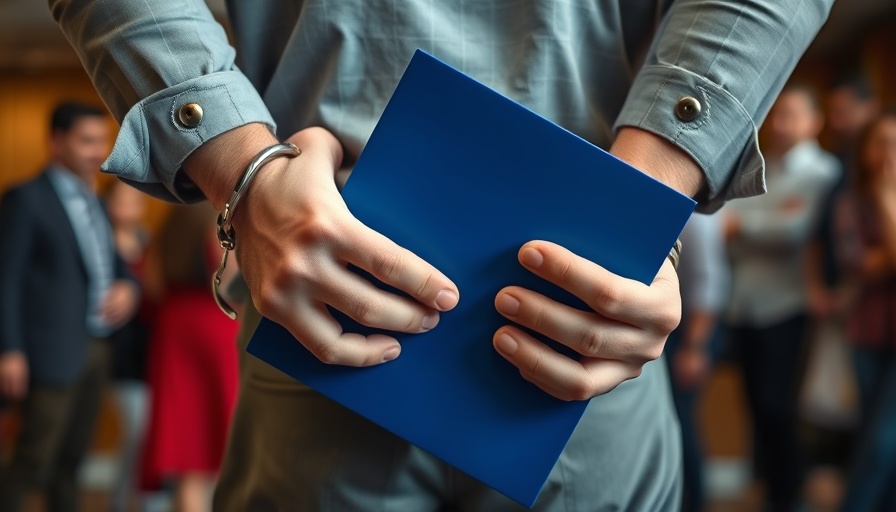 Close-up of hands in cuffs holding blue folder at Texas immigration courts.
