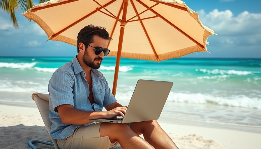 Professional leading a multimillion dollar business from the beach with a laptop.