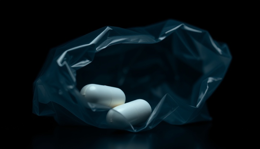 White pill in a plastic bag against dark backdrop, highlighting drug trafficking themes.