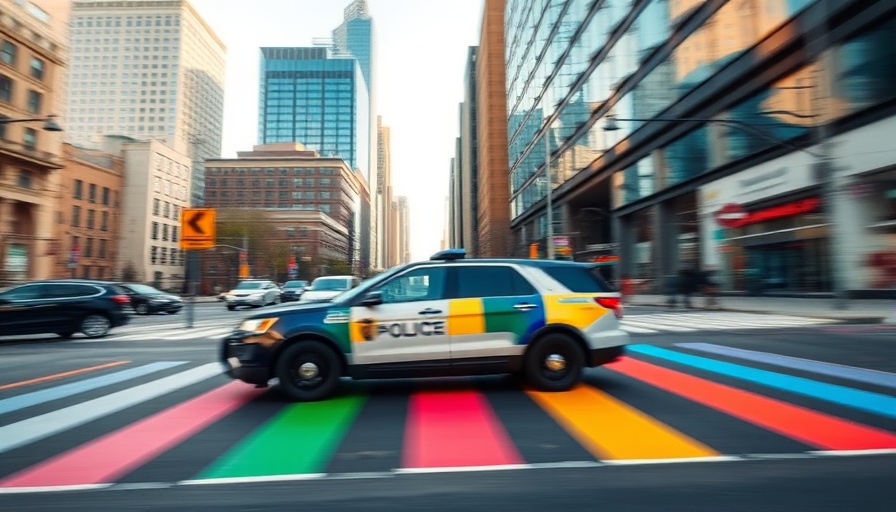 Police car speeding through colorful crosswalk in El Paso