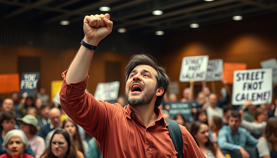 Protestor at Texas school district meeting raising fist.