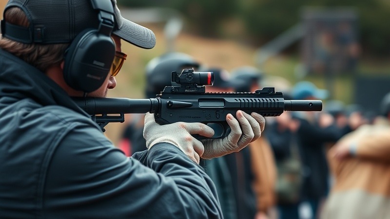 Gun expert training a group at a shooting range, magazine quality photo.