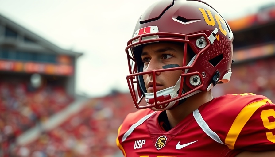 Jake Olson focused during a football game in USC jersey.