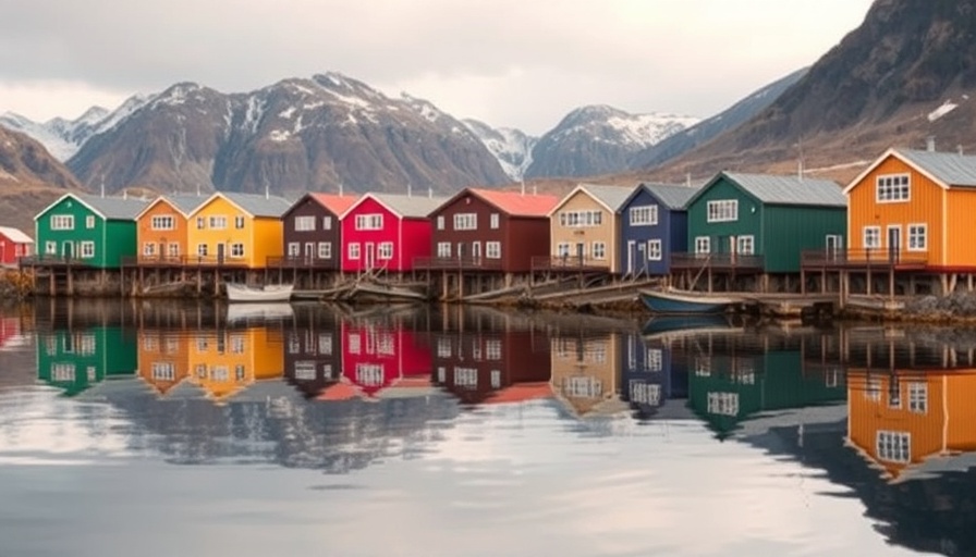 Colorful Greenlandic town reflecting in water, rich history