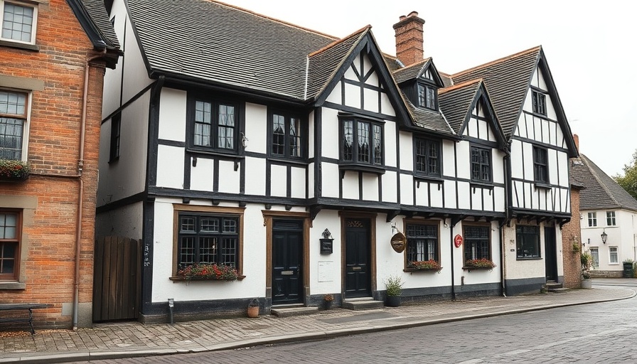 Historic Shakespeare birthplace with modern 'Pride of Stratford' sign.