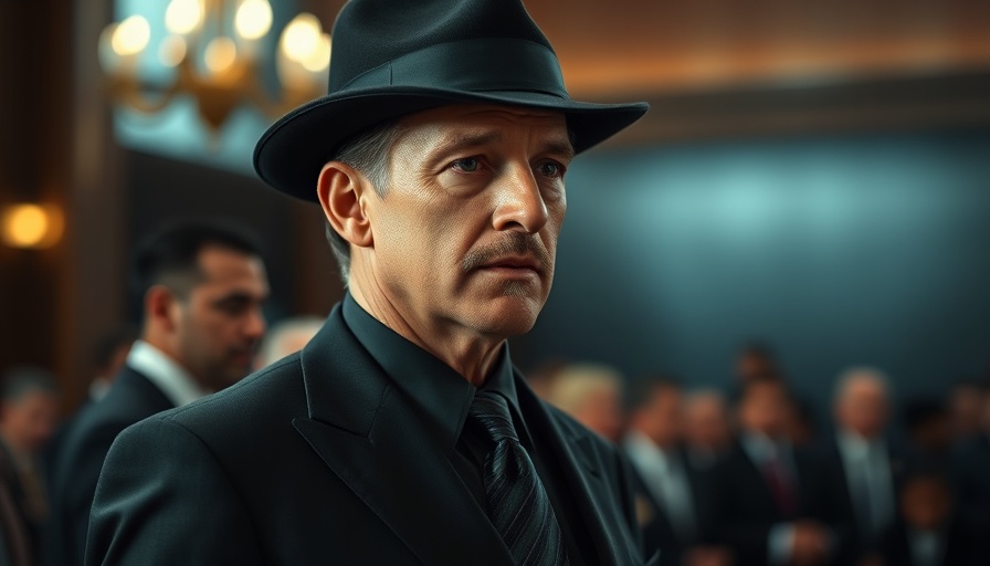 Man in black suit and hat standing in formal setting, thoughtful.