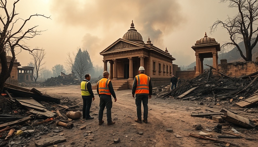 Gounsa temple wildfire impact depicted in charred ruins and observers.