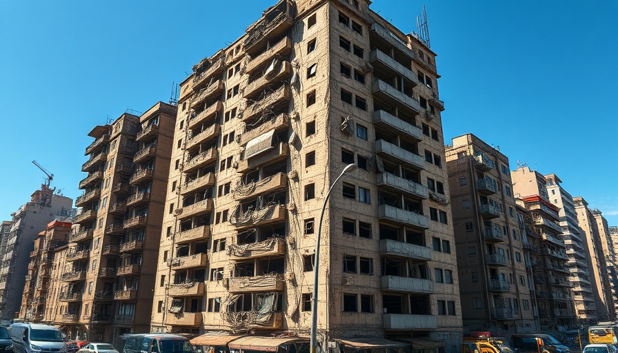 Beirut buildings with impact site from Israel airstrikes, showing urban damage.