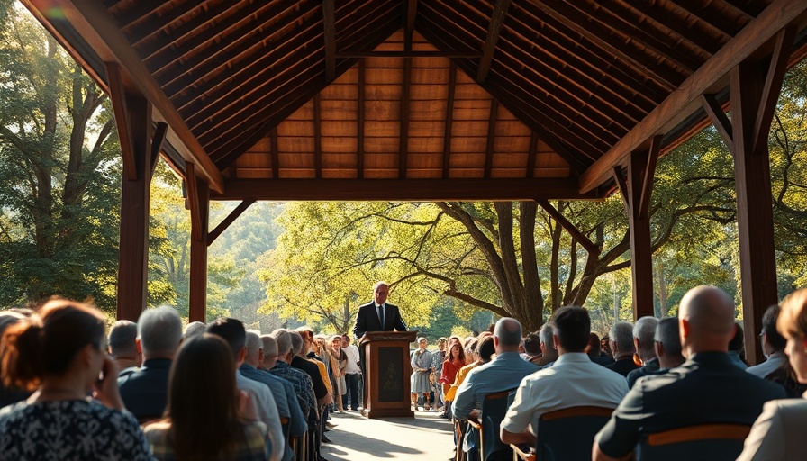 Outdoor gathering with man speaking at podium under wooden gazebo.