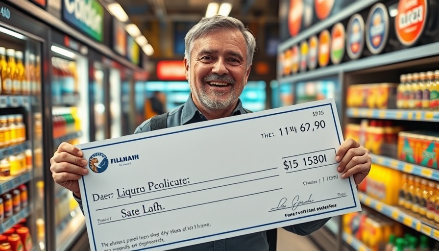 Middle-aged man wins lottery in liquor store, holding giant check.