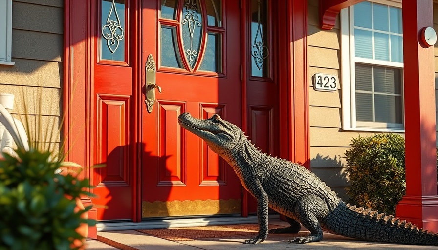 Florida alligator knocking on a door in the sunlight.