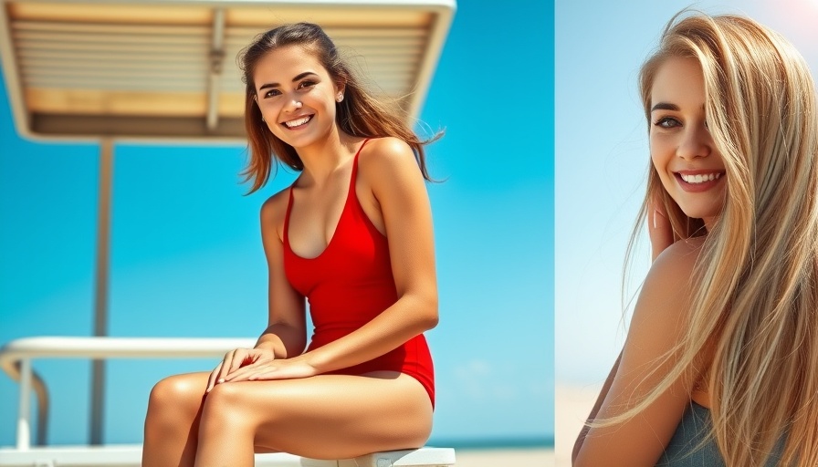 Smiling woman in a red swimsuit and blonde hair portrait.