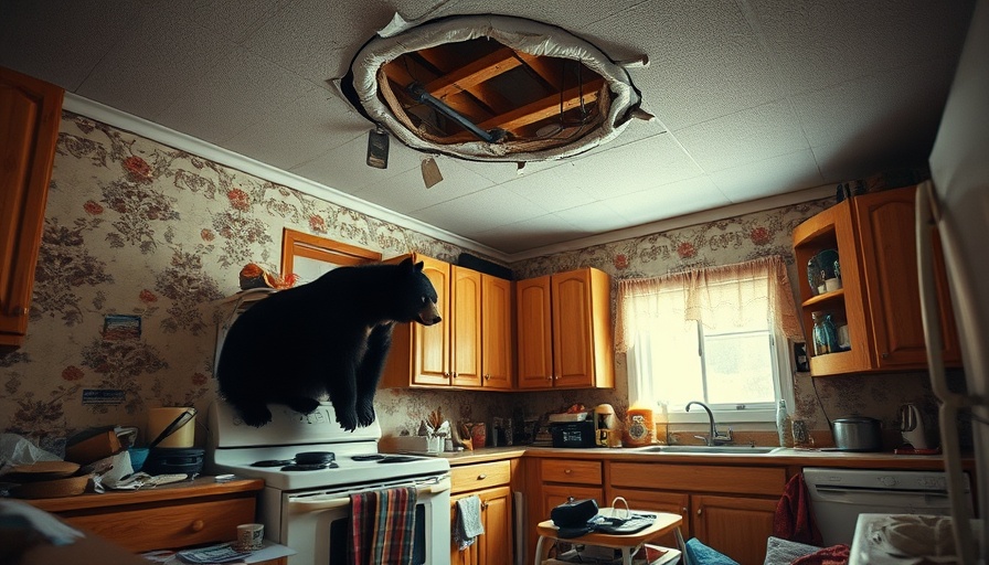 Black bear in vintage kitchen with damaged ceiling.